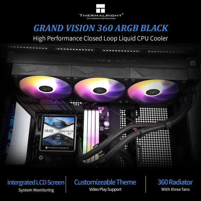 Alt view image 2 of 6 - Grand Vision 360 ARGB Black CPU AIO Cooler,PC 360 Specification Water Cooler System,IPS LCD Screen with 480x480 Resolution,for AM4/AM5&Intel LGA1700/1851,High Performance Pump