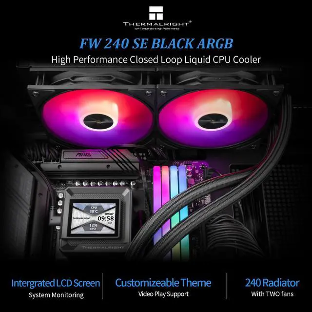 Alt view image 2 of 7 - FW 240 SE ARGB Black-AIO CPU Liquid Cooler,IPS LCD Screen with 320 * 240 Resolution,for AM4/AM5,Intel LGA1700/1851,2-inch Magnet-Absorbent LCD Screen for Images-Black,PC CPU Water Cooler