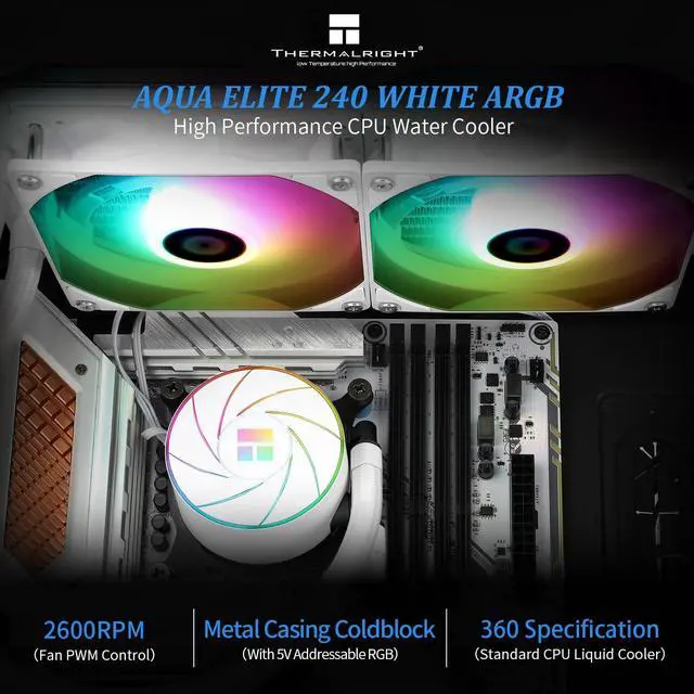 Alt view image 2 of 6 - Aqua Elite 240 White ARGB Liquid CPU Cooler, 240 Cooling Row Size, Double PWM Fans,1550RPM Speed,for AMD/AM4/AM5,Intel LGA1150/1151/1155/1156/1200/1700/1851(White)