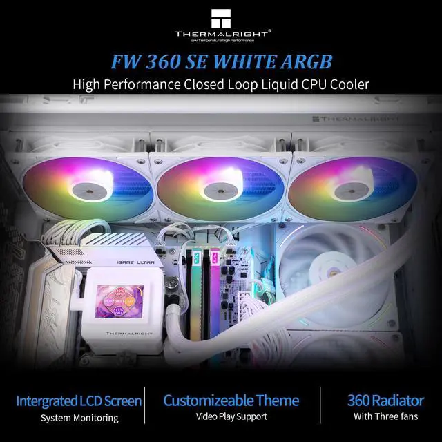 Alt view image 2 of 7 - FW360 SE ARGB White CPU AIO Cooler,PC 360 Specification Water Cooler System,IPS LCD Screen with 320 * 240 Resolution,for AM5,Intel LGA1700/1851,CPU Comes with 2-inch LCD Display