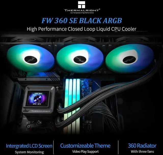 Alt view image 3 of 7 - FW360 SE ARGB Black CPU AIO,PC 360 Specification Water Cooler System,IPS LCD Screen with 320x240 Resolution,for AM5,Intel LGA1700/1851,CPU Cooler Comes with 2-inch LCD Display