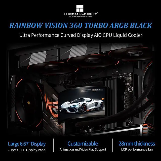 Alt view image 2 of 7 - Rainbow Vision 360 Turbo ARGB Black 360mm Aio Cooler, 60HZ Curved Screen with 2400x1080 Resolution,for AM4/AM5,Intel LGA1851/1700,6.67in 3D with Magnetic Suction Screen,3000RPM Fan Speed