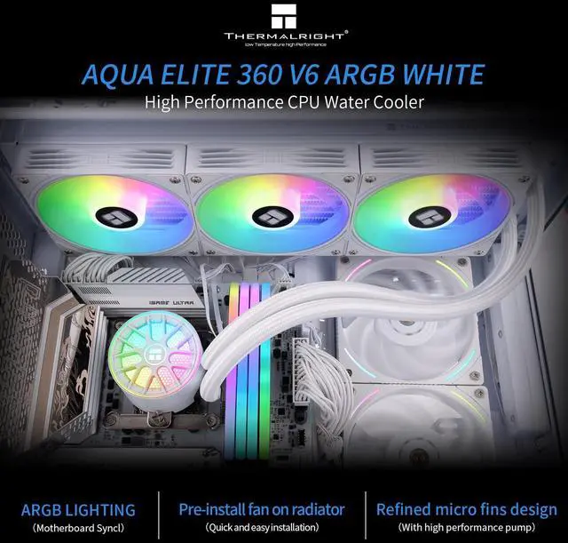 Alt view image 3 of 7 - Aqua Elite 360 V6 ARGB White-CPU Liquid Cooler, Efficient PWM Controlled Pump, for AM4/AM5,Intel LGA1150/1151/1200/1851/1700,Integrated Water-Cooled Radiator-White