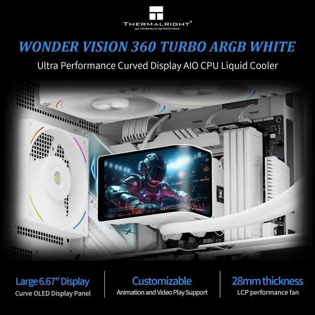 Alt view image 2 of 7 - Wonder Vision 360 Turbo ARGB White CPU Water Cooler, 60HZ Curved Screen with 2400x1080 Resolution,for AM4/AM5,Intel LGA1851/1700,6.67in 3D Screen High Performance Pump,3000RPM Fan Speed