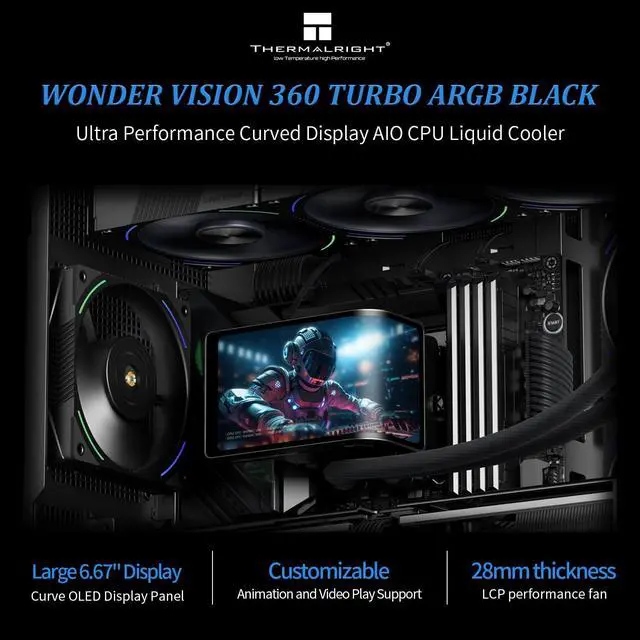 Alt view image 2 of 7 - Wonder Vision 360 Turbo ARGB Black CPU Water Cooler, 60HZ Curved Screen with 2400x1080 Resolution,for AM4/AM5,Intel LGA1851/1700,6.67in 3D Screen High Performance Pump,3000RPM Fan Speed