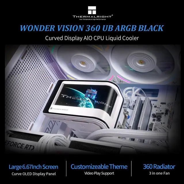 Alt view image 2 of 6 - Wonder Vision 360 UB ARGB CPU AIO Cooler,360mm Radiator, 2K 60HZ Curved Screen with 2400x1080 Resolution,for AM4/AM5,Intel LGA1851/1700,6.67in 3D Screen High Performance Pump