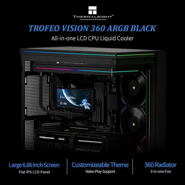 Alt view image 2 of 6 - Trofeo Vision 360 ARGB Black CPU AIO Cooler,6.86-inch LCD Long Screen High-Performance 360mm Water-Cooled Radiator,IPS LCD Screen with 1280x480 Resolution,for AM4/AM5,Intel LGA1851/1700