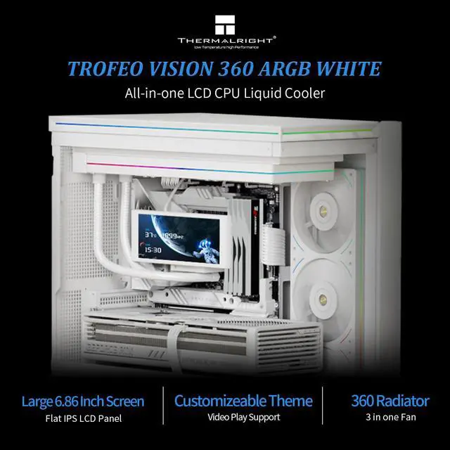 Alt view image 2 of 6 - Trofeo Vision 360 ARGB White CPU AIO Cooler,6.86-inch LCD Long Screen High-Performance 360mm Water-Cooled Radiator, IPS LCD Screen with 1280x480 Resolution,for AM4/AM5,Intel LGA1851/1700