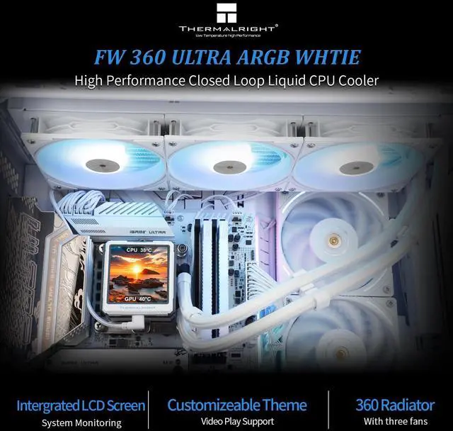 Alt view image 3 of 5 - FW360 Ultra ARGB White CPU AIO Cooler,PC 360 Specification Water Cooler System,IPS LCD Screen with 480x480 Resolution,for AM5,Intel LGA1700/1851,High Performance Pump,2.88in LCD Screen