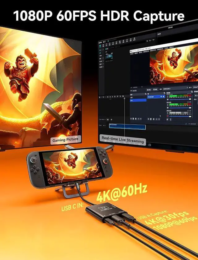 Alt view image 3 of 7 - Video Capture Card, HDMI Capture Card for Streaming with 4K 60Hz HDMI Passthrough, Record in 1080P 60FPS with Low Latency, Portable Dock for Nintendo Switch 2/Steam Deck/ROG Ally/Legion