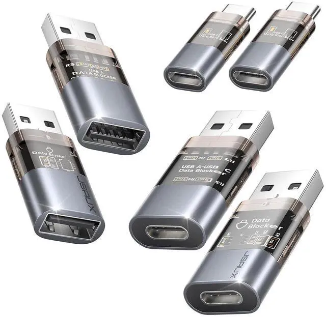Main image of USB Data Blocker & USB C Data Blocker 6 Pack, Transparent Charge Only Adapter, Juice Jacking Protection for Safe Public and Travel Charging, Block Data Transfer
