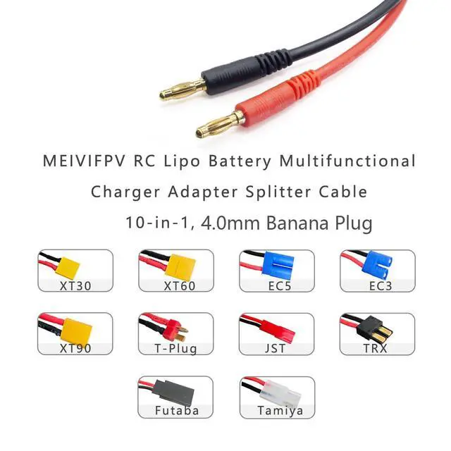 Alt view image 2 of 2 - RC Battery Charger Adapter Leads 10 in 1 Multi Splitter Connector Wire Cable with 4.0mm Banana Plug for TRX, T-Plug, Tamiya,Futaba, JST, XT90,XT60,XT30,EC3,EC5
