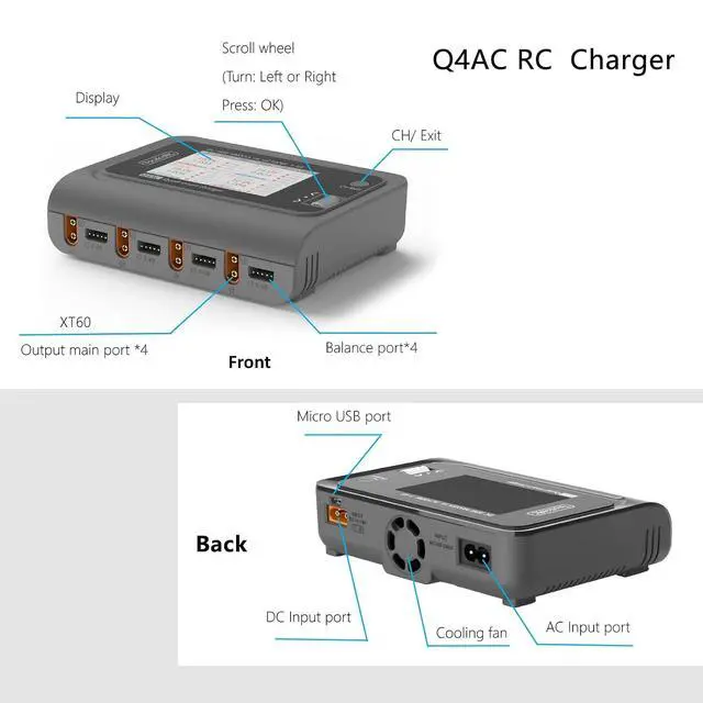 Alt view image 4 of 5 - Q4AC RC Battery Charger 4x50W 4 Ports 1-4S Lipo AC DC Smart Charger XT60 with XT30 Adapters for RC Battery Balance Charger