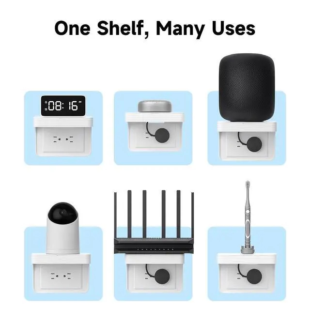 Alt view image 3 of 7 - Horizontal Wall Outlet Shelf with Cord Storage, Space Saving Organizer for US Horizontal Outlets, Bathroom Kitchen Bedroom, White