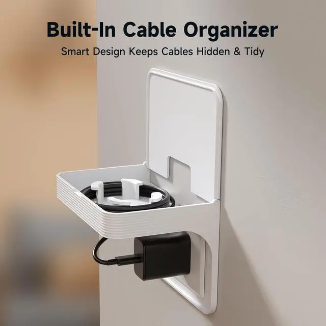 Alt view image 4 of 7 - Horizontal Wall Outlet Shelf with Cord Storage, Space Saving Organizer for US Horizontal Outlets, Bathroom Kitchen Bedroom, White