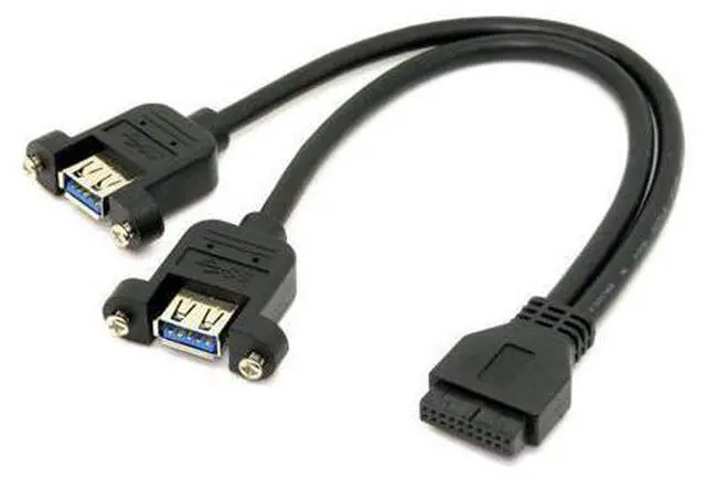 Main image of USB 3.0 Dual Ports A Female Screw Mount Type to Motherboard 20pin Header Cable Black Color