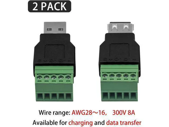 Alt view image 2 of 6 - USB 2.0 A Screw Terminal Block Connector, USB 2.0 A Male Female Plug to 5 Pin/Way Female Bolt Screw terminals Adapter Connector Breakout Board Converter, 2-Pack