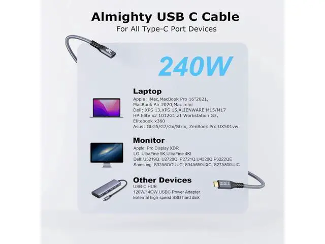 Alt view image 7 of 7 - 20Gbps USB C 3.2 Extension Cable, USBC 3.2 Gen2 Type-c Male to Female Extender Cable Ultra HD 4K@60Hz 240W Charging 20Gbps Data Transfer Compatible with External SSD eGPU 0.5m