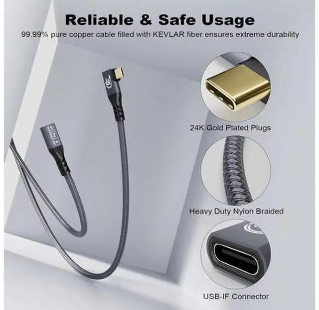 Alt view image 6 of 7 - 20Gbps USB C 3.2 Extension Cable, 90 Degree USBC 3.2 Gen2 Type-c Male to Female Extender Cable 4K@60Hz 240W Charging 20Gbps Data Transfer with External SSD eGPU (90 Degree Extension 1M)