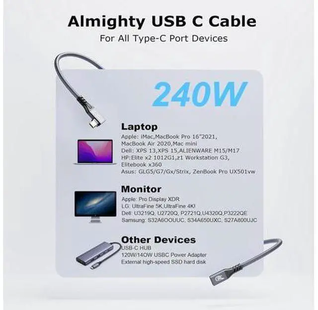 Alt view image 7 of 7 - 20Gbps USB C 3.2 Extension Cable, 90 Degree USBC 3.2 Gen2 Type-c Male to Female Extender Cable 4K@60Hz 240W Charging 20Gbps Data Transfer with External SSD eGPU (90 Degree Extension 1M)