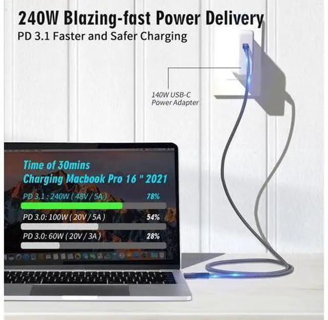 Alt view image 2 of 7 - 2 x USB C 3.2 Gen2 20Gbps, Type C 4K@60Hz UHD Video 5A/240W PD3.1 Fast Charge Cord with E-Marker Compatible with Thunderbolt 3/4 for MacBook Pro (USB3.2 20G 240W 3M 2PCS)