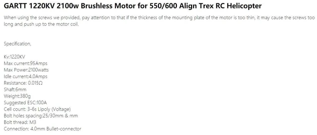 Alt view image 6 of 6 - GARTT 1220KV 2100w Brushless Motor for 550/600 Align Trex RC Helicopter