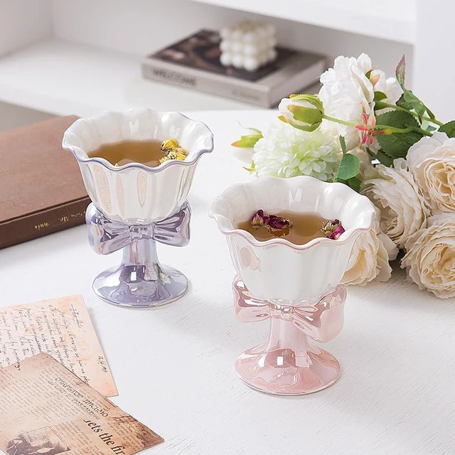 Alt view image 3 of 7 - Berjaya 6.1 oz/180 ml Bowknot Ice Cream Ceramic Cup Creative Flower Mug Dessert Goblet (white)