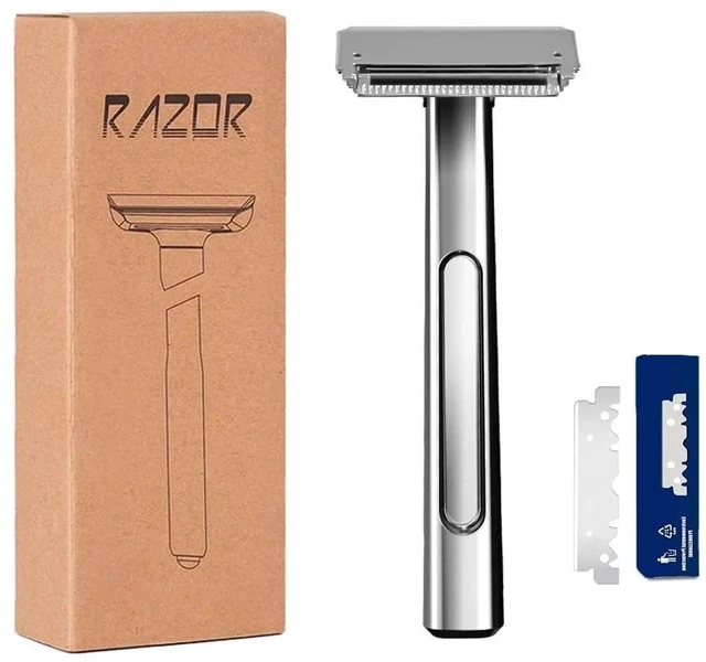 Main image of Interchangeable Blade Double Razor All-Metal Shaver For Women And Men With 10 Stainless Steel Single-Edge Blades (Silver)