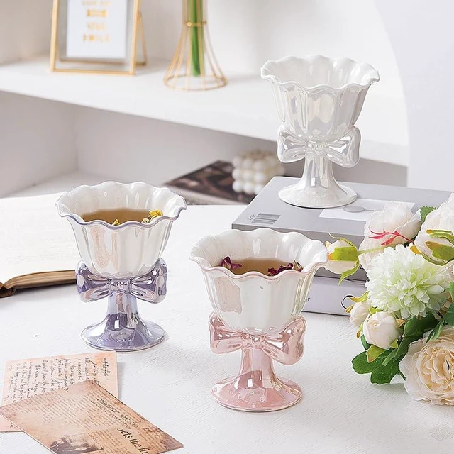 Alt view image 2 of 7 - Berjaya 6.1 oz/180 ml Bowknot Ice Cream Ceramic Cup Creative Flower Mug Dessert Goblet (white)