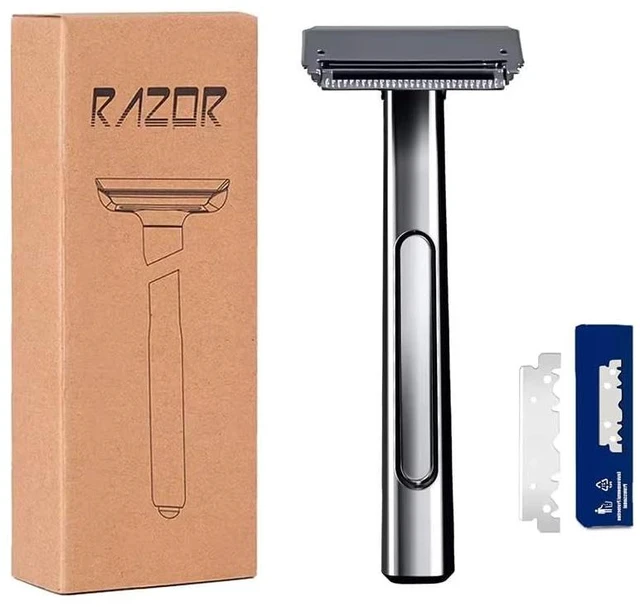 Main image of Interchangeable Blade Double Razor All-Metal Shaver For Women And Men With 10 Stainless Steel Single-Edge Blades (grey-black)