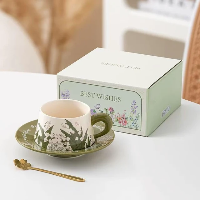 Alt view image 2 of 2 - Flower Coffee Cup Saucer Set High Value Ceramic Mug Original Watercolor Fashion Ceramic Coffee Cup Saucer (green)