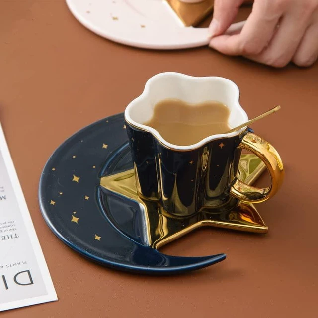 Main image of Berjaya Ceramic Star Moon Coffee Cup And Saucer With Spoon Set Golden Handle Porcelain Mug Afternoon Tea Juice And Water Drinks Cup (blue), 3 Piece Set (3213-D)
