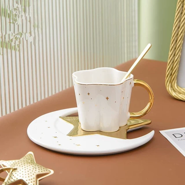 Main image of Berjaya Ceramic Star Moon Coffee Cup And Saucer With Spoon Set Golden Handle Porcelain Mug Afternoon Tea Juice And Water Drinks Cup (White)(3213-D)