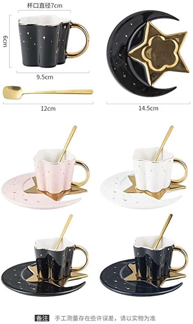Alt view image 2 of 2 - Berjaya Ceramic Star Moon Coffee Cup And Saucer With Spoon Set Golden Handle Porcelain Mug Afternoon Tea Juice And Water Drinks Cup (blue), 3 Piece Set (3213-D)