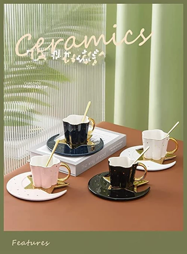 Alt view image 2 of 3 - Berjaya Ceramic Star Moon Coffee Cup And Saucer With Spoon Set Golden Handle Porcelain Mug Afternoon Tea Juice And Water Drinks Cup (White)(3213-D)