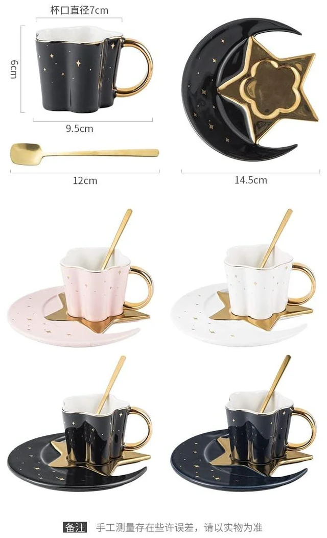 Alt view image 2 of 3 - Ceramic Black Star Moon Coffee Cup And Saucer With Spoon Set Golden Handle Porcelain Mug Afternoon Tea Juice And Water Drinks Cup (black) (3213-D)
