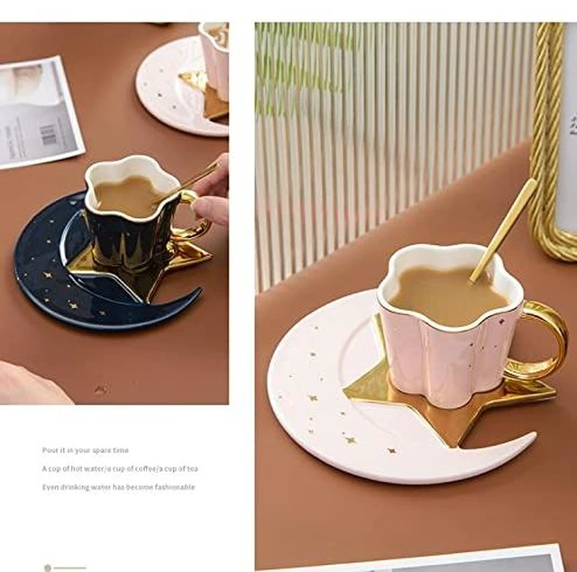 Alt view image 3 of 3 - Ceramic Black Star Moon Coffee Cup And Saucer With Spoon Set Golden Handle Porcelain Mug Afternoon Tea Juice And Water Drinks Cup (black) (3213-D)