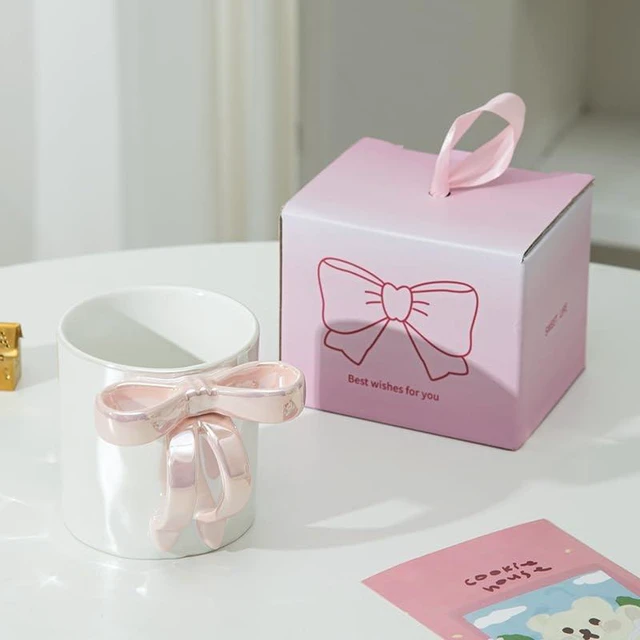 Main image of 1pcs Handle Coffee Mug Creative Ceramic Cup with Bow Handle (pink)