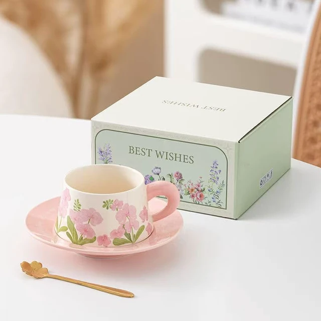 Alt view image 2 of 4 - Flower Coffee Cup Saucer Set High Value Ceramic Mug Original Watercolor Fashion Ceramic Coffee Cup Saucer (pink)