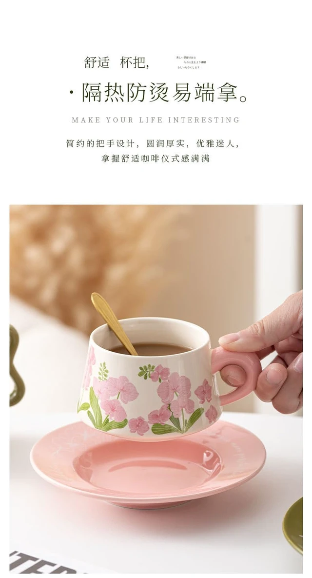 Alt view image 3 of 4 - Flower Coffee Cup Saucer Set High Value Ceramic Mug Original Watercolor Fashion Ceramic Coffee Cup Saucer (pink)