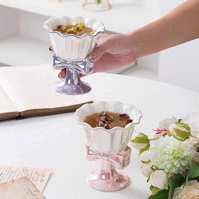 Alt view image 6 of 6 - Berjaya 6.1 oz/180 ml Bowknot Ice Cream Ceramic Cup Creative Flower Mug Dessert Goblet (Purple)