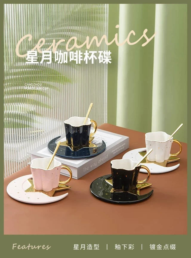 Alt view image 2 of 5 - Berjaya Ceramic Star Moon Coffee Cup And Saucer With Spoon Set Golden Handle Porcelain Mug Afternoon Tea Juice And Water Drinks Cup (pink) (3213-D)