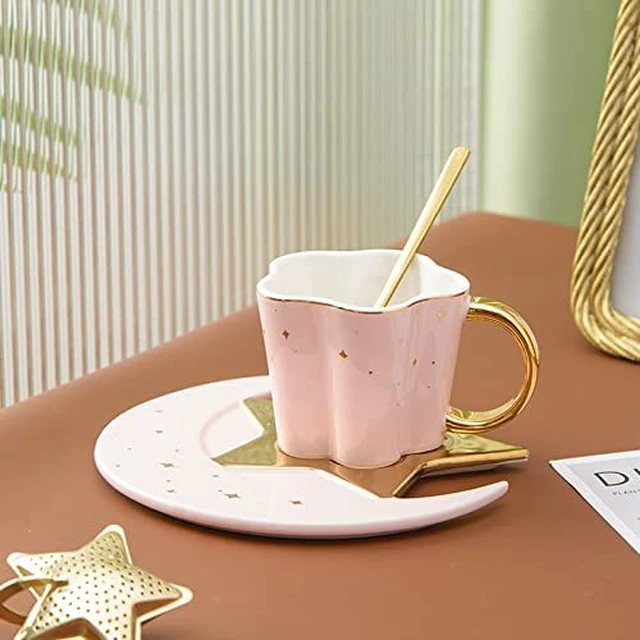 Alt view image 3 of 5 - Berjaya Ceramic Star Moon Coffee Cup And Saucer With Spoon Set Golden Handle Porcelain Mug Afternoon Tea Juice And Water Drinks Cup (pink) (3213-D)