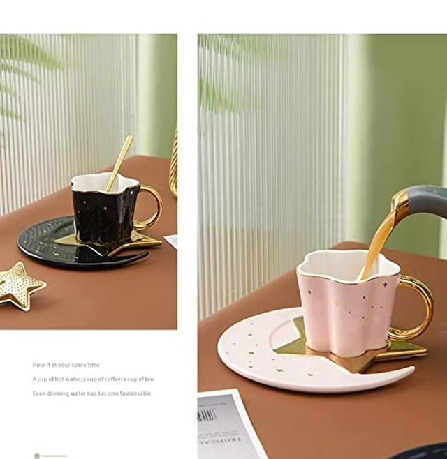 Alt view image 4 of 5 - Berjaya Ceramic Star Moon Coffee Cup And Saucer With Spoon Set Golden Handle Porcelain Mug Afternoon Tea Juice And Water Drinks Cup (pink) (3213-D)