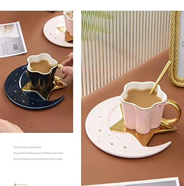 Alt view image 5 of 5 - Berjaya Ceramic Star Moon Coffee Cup And Saucer With Spoon Set Golden Handle Porcelain Mug Afternoon Tea Juice And Water Drinks Cup (pink) (3213-D)