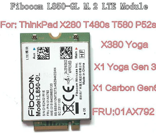 Alt view image 3 of 6 - Fibocom L850-GL L850 01AX792 forThinkpad X1 Carbon 6th X280 T480 T480s X1 Yoga 3rd 4th T490 T490s T580 L580 P52 WWAN Card