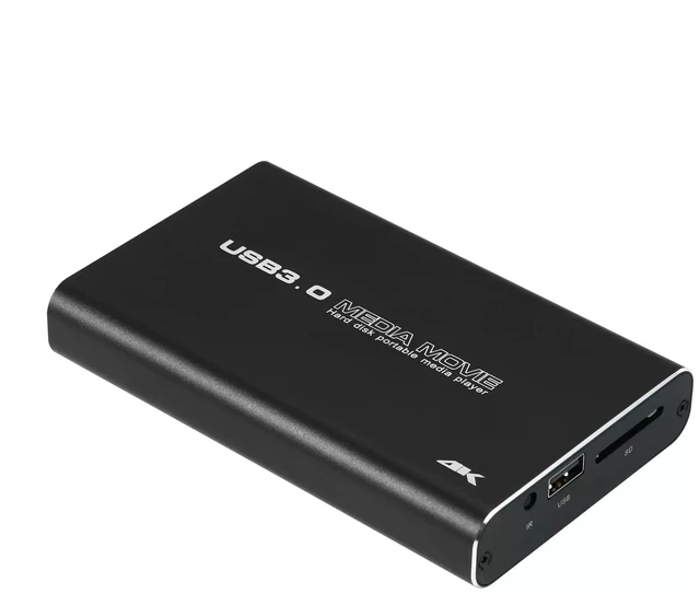 Main image of 5V high-definition video player. It can be equipped with a 2.5-inch hard drive, USB 3.0 interface, HDMI output, 4K support, and can be connected via USB flash drive or SD card.
