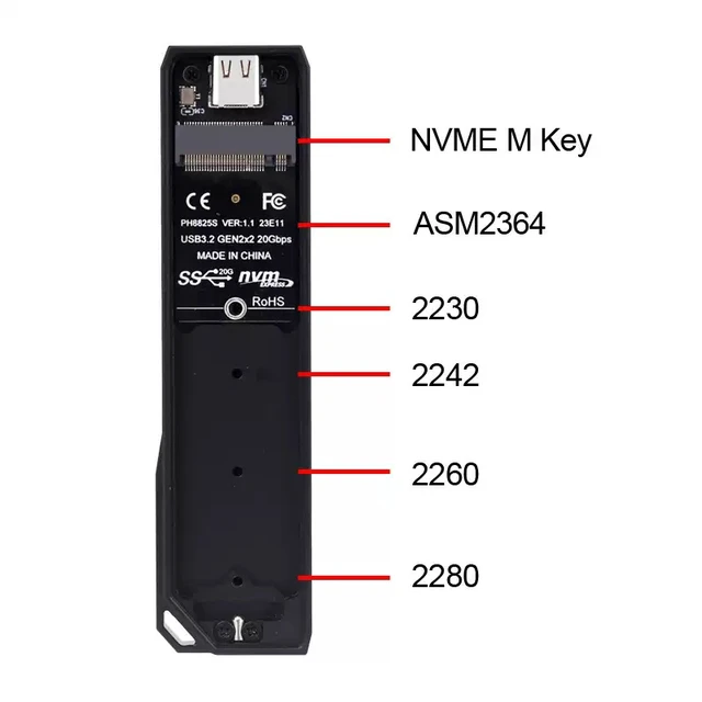 Alt view image 2 of 5 - M.2 to Type-C solid-state NVMe protocol hard drive enclosure with 20Gbps data cable and USB adapter ASM2364