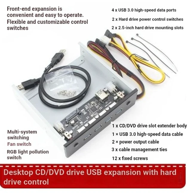 Alt view image 4 of 4 - PH013 Desktop computer optical drive slot USB 3.0 expansion card hard drive power switch controller dual system switching
