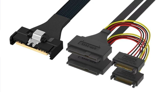 Main image of The 5.0 MCIO 8X to 2 * U.2 (SFF-8639)+15P Data Cable is Designed to Split an MCIO 8X (Eight Channel) Connection into Two U.2 (SFF-8639) Connections, as Well as an Additional 15 pin Power Connector.
